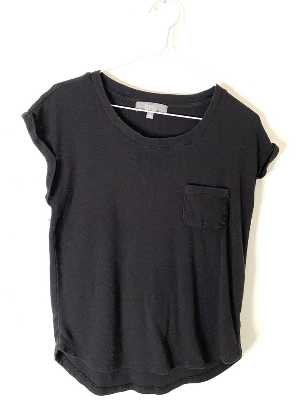 Marled Essentials Scoop Neck Pocket Tee Soft Modal Blend Cuffed Sleeve Top